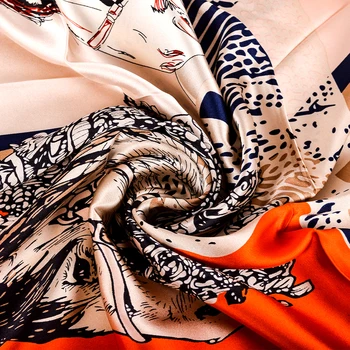 BYSIFA| 2020 Nauja Oranžinė Aikštė Šalikai Mados Arklių Dizaino Ponios Šilko skara Skara Spausdinami 90*90cm Rudenį, Žiemą Kaklo Šaliką